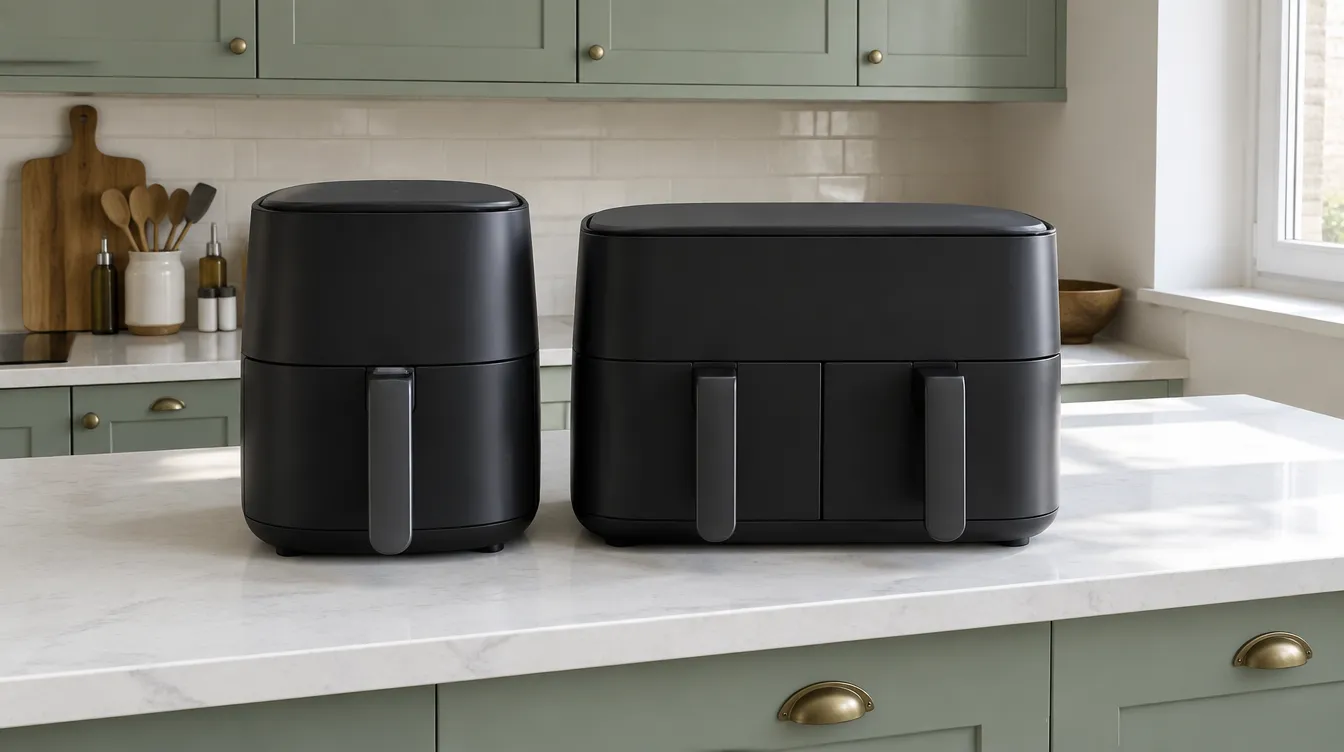 A single-basket air fryer next to a wider dual-drawer air fryer