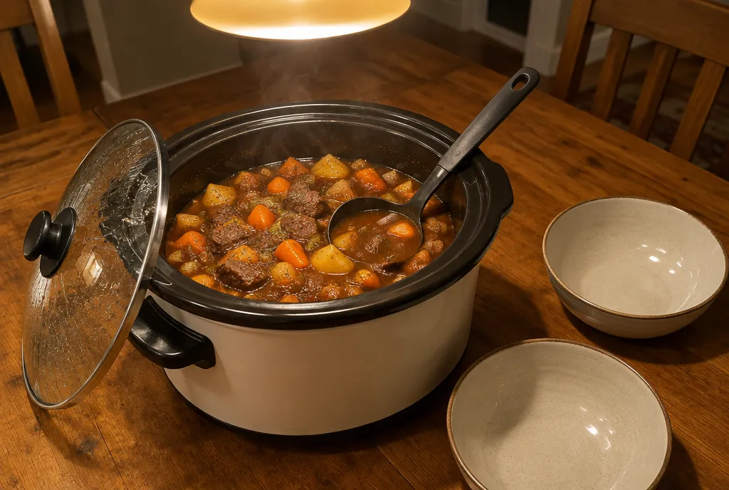 A slow cooker of beef stew on a kitchen worktop with bowls ready