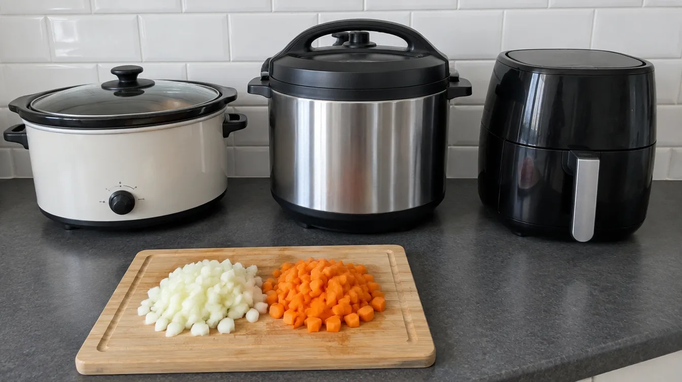 A slow cooker, pressure cooker and air fryer side by side on a kitchen worktop