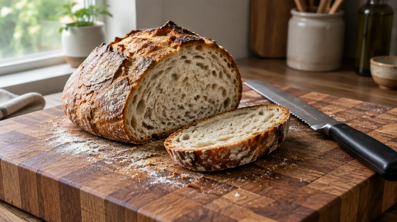 A crusty sourdough loaf on an end-grain board with a clean slice and a long serrated bread knife