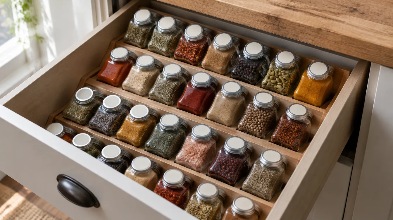 Glass spice jars stored on a tiered insert inside a kitchen drawer