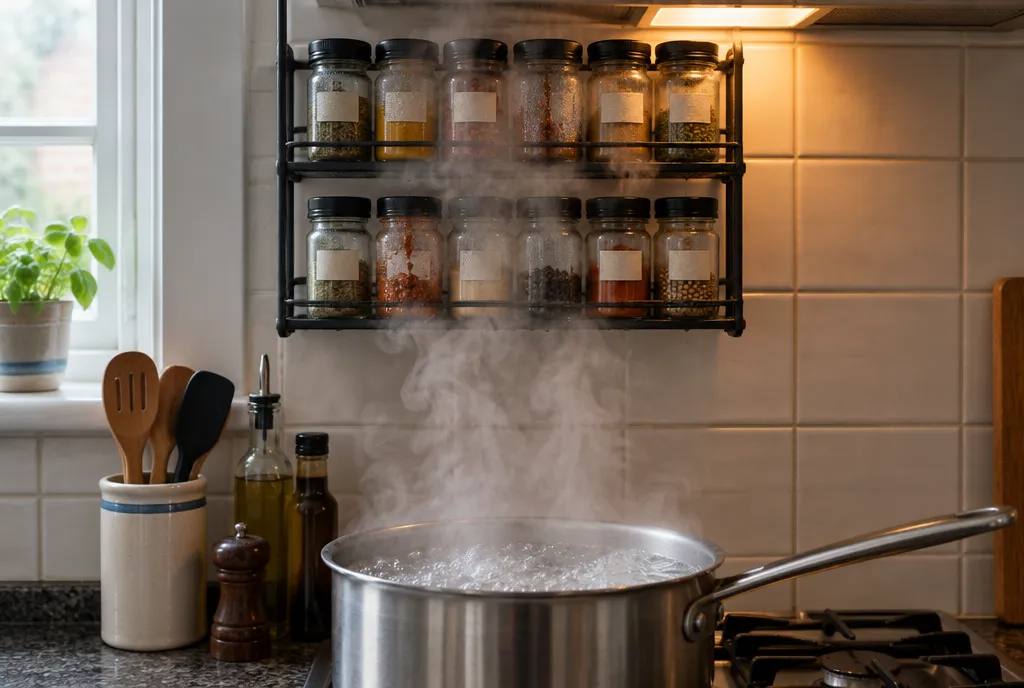 Steam from a boiling pot rising into a spice rack mounted above the hob