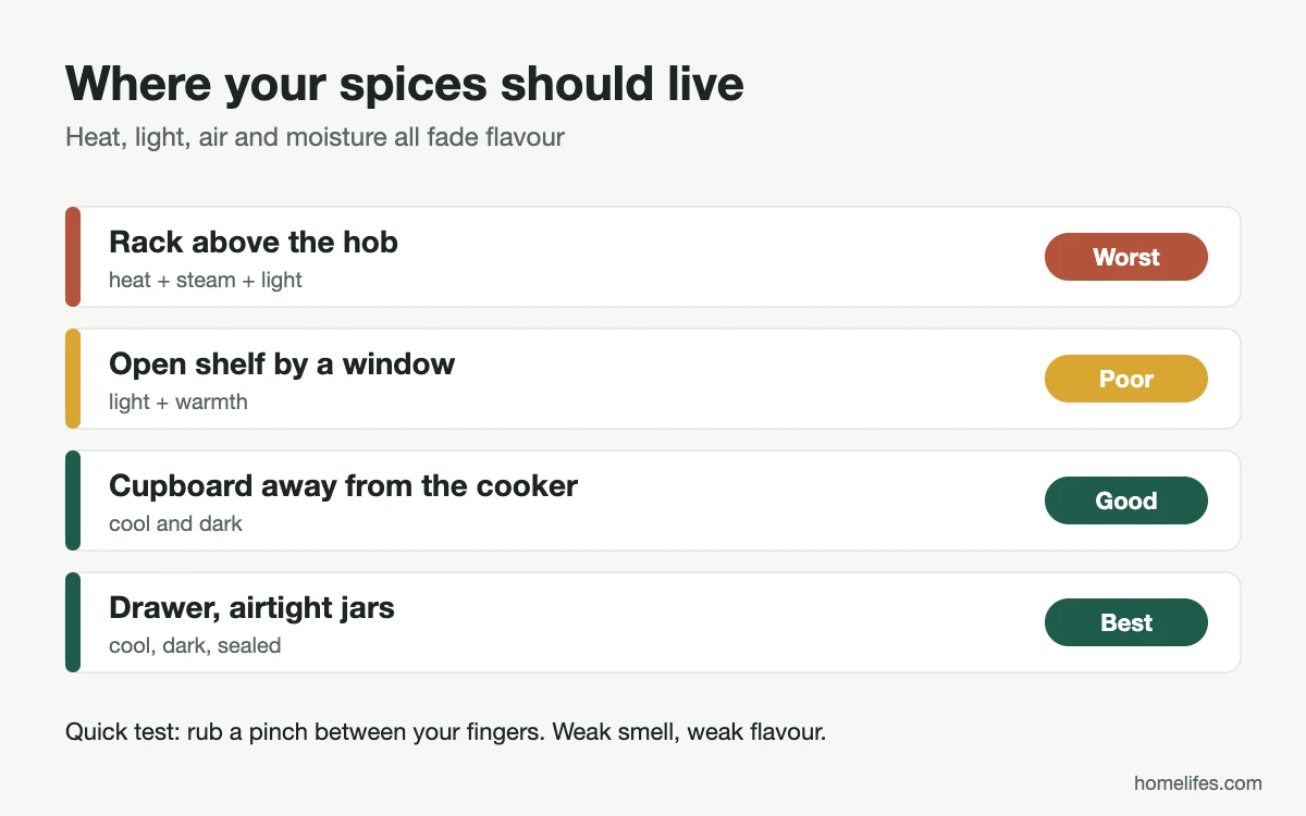 Diagram: where to store spices, from worst (rack above the hob) to best (drawer with airtight jars)