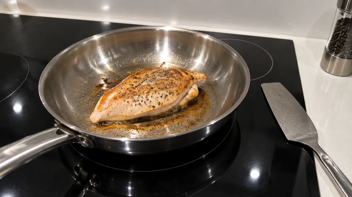 Chicken breast searing in a stainless steel frying pan on an induction hob