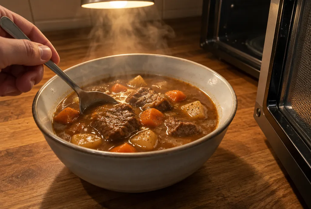 Steam rising from a stirred bowl of stew being reheated in a microwave