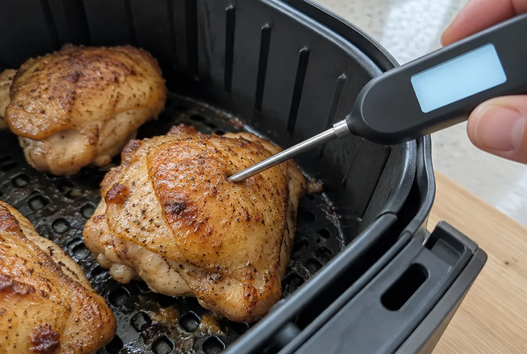 Instant-read thermometer checking chicken thighs in an air fryer basket