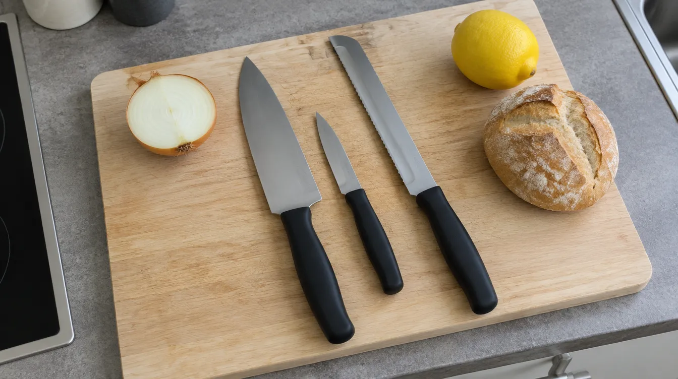 A chef's knife, paring knife and bread knife on a wooden chopping board