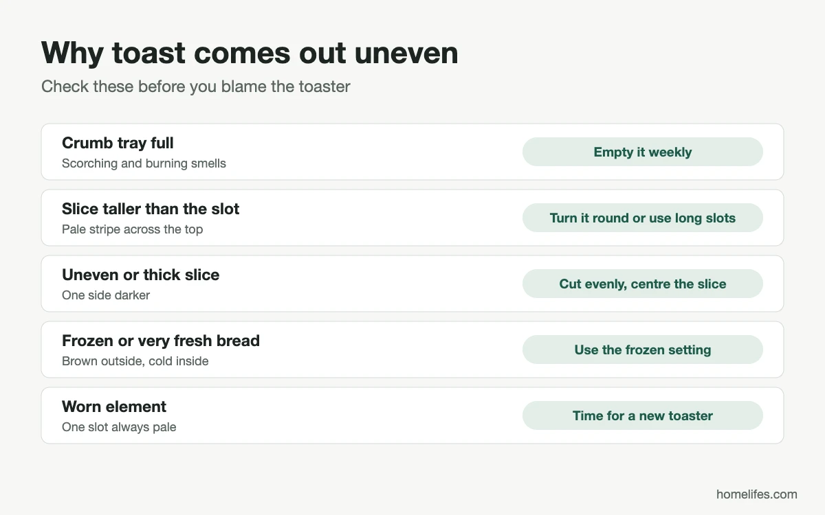 Diagram: the common causes of uneven toast and the fix for each