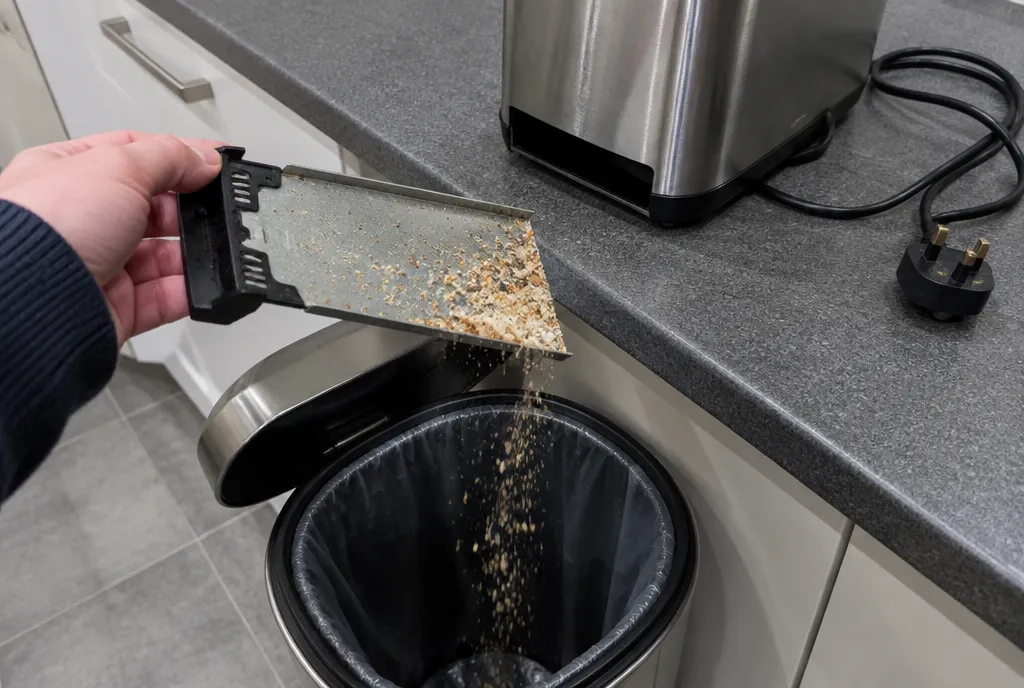A toaster crumb tray being pulled out over a kitchen bin