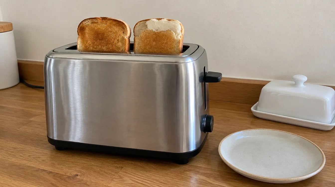 A toaster with one evenly browned slice and one slice paler at the top