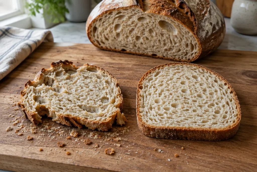 A torn, squashed slice of sourdough next to a clean, even slice