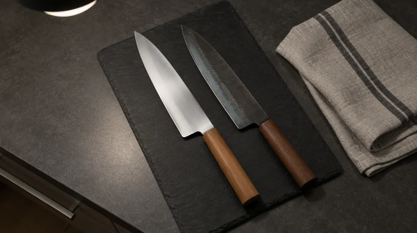 Two chef's knives with wooden handles on a dark slate board beside a linen cloth