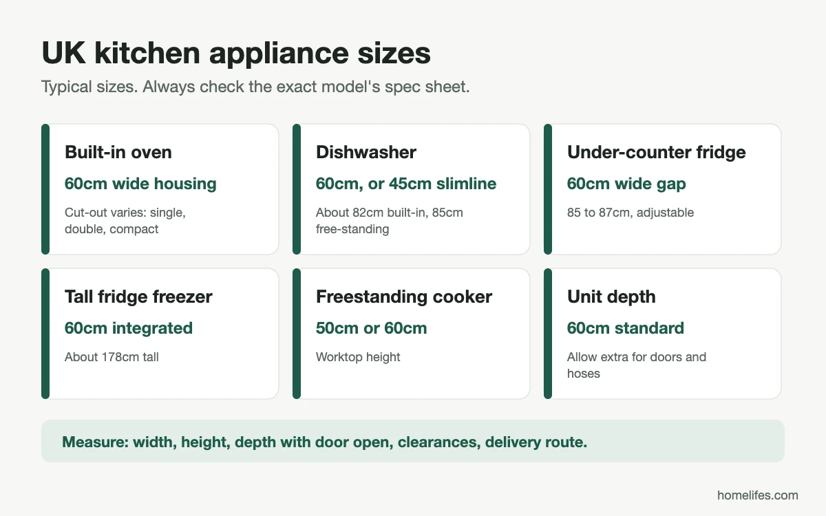 Diagram: standard UK kitchen appliance sizes cheat sheet for built-in ovens, dishwashers, under-counter and tall fridge freezers, and cookers