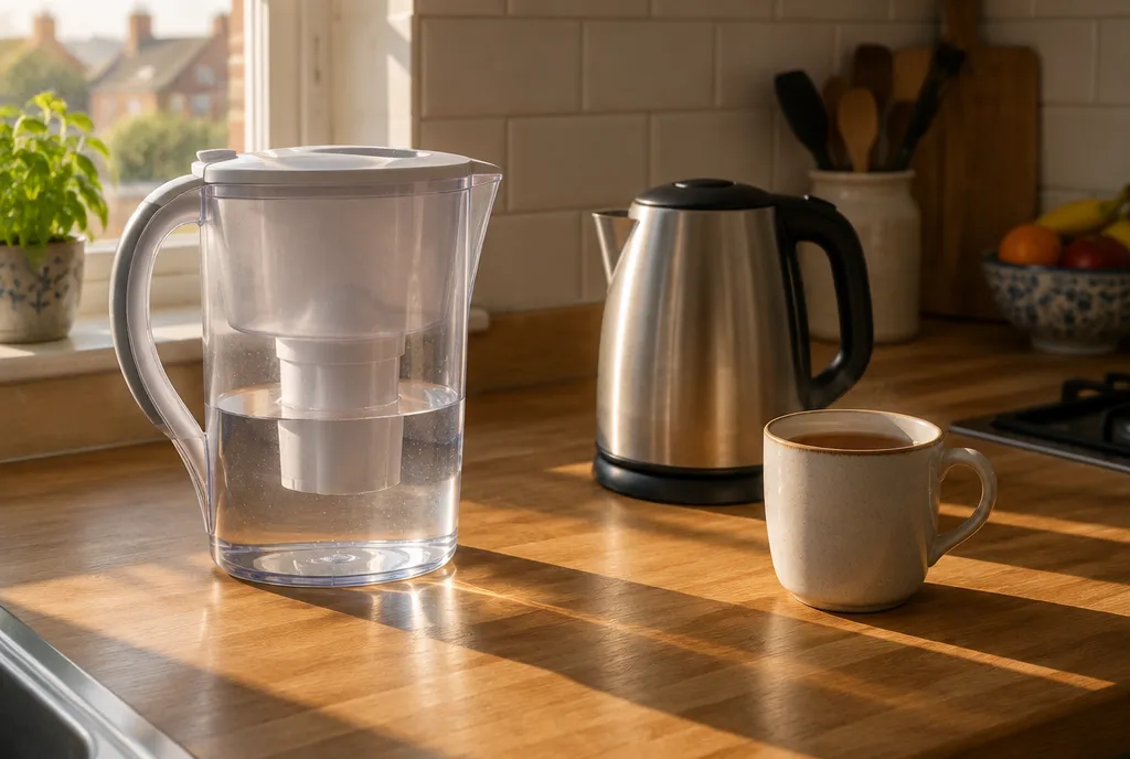 A water filter jug beside a kettle and a mug of tea on a wooden worktop in morning light
