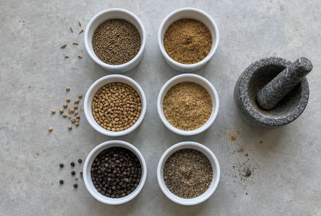 Three pairs of whole and ground spices in small bowls with a mortar and pestle