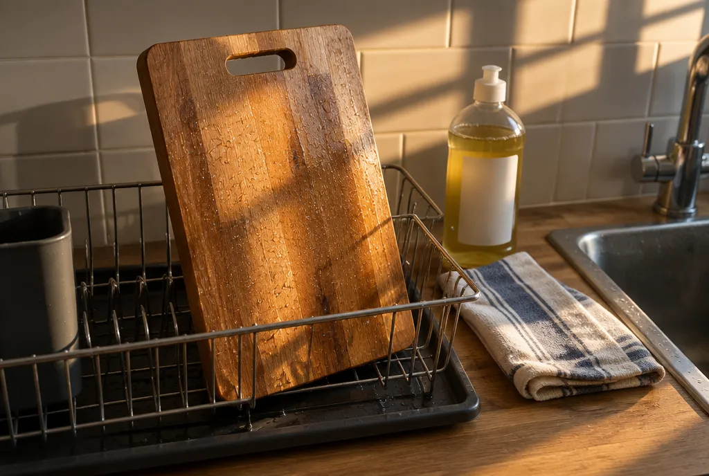 A wooden chopping board drying upright on a dish rack after washing